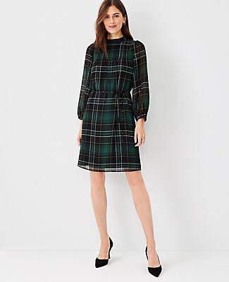 Ann Taylor Petite Plaid Pintucked Belted Dress - ShopStyle