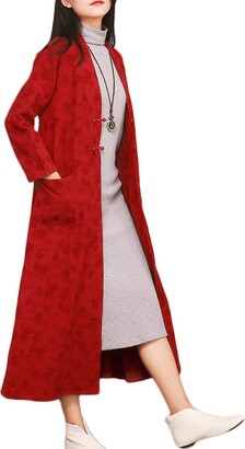 LZJN Women's Autumn Cotton Linen Jacquard Cardigan Long Jacket Coat Chinese Vintage Slim Trench Outerwear (Wine Red