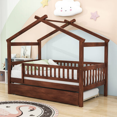 Harper Orchard Wooden House Bed With Safety Guardrails And Twin Trundle