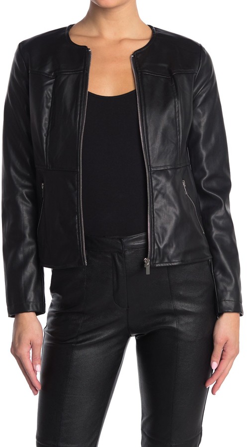 petite collarless leather jacket