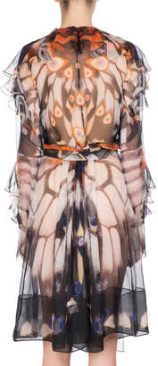Givenchy Butterfly-Print Belted Chiffon Dress, Multicolor