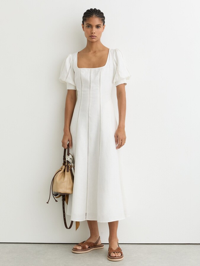 Reiss Linen Puff-sleeve Embroidered Midi Dress