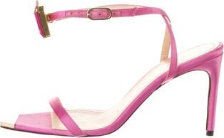 Giannico Satin Slingback Sandals Pink Crystal Embellishments Elasticized Straps & Buckle Closure at Ankles | Giannico Satin Crystal Embellishments Slingback Sandals in Pink, Women's IT 37 | 7