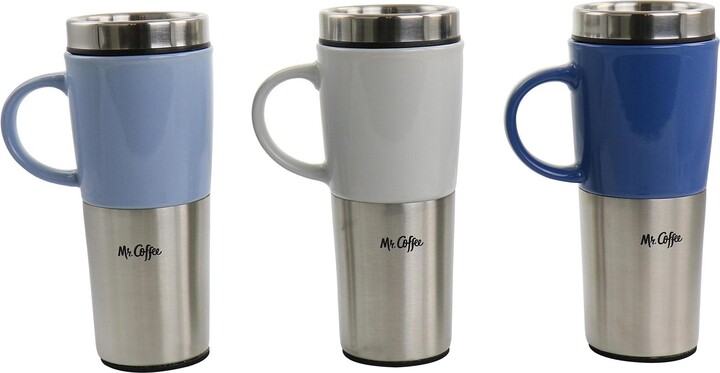 Mr. Coffee Travertine 16 oz Stoneware & Stainless Steel Travel Mug with Lid set of 3 Assorted