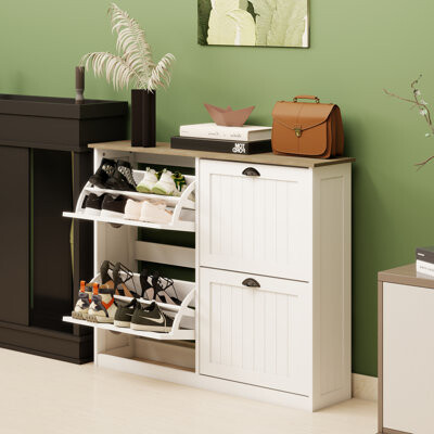 Latitude Run Shoe Storage Cabinet with 4 Flip Drawers Freestanding Shoe Cabinet Organizer with Adjustable Shelf Shoe Cabinet for Entryway Foyer Slim Shoe Cabi