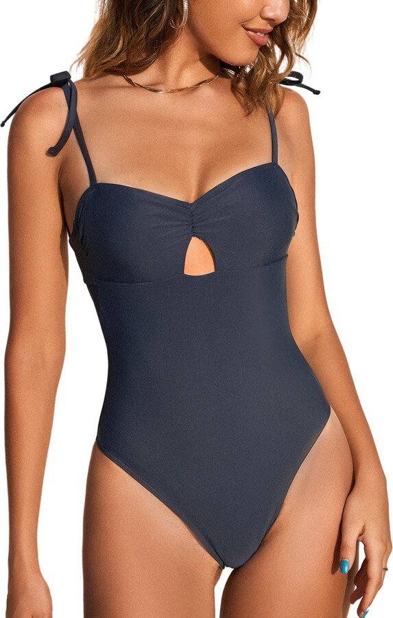 CUPSHE Women Swimsuit One Piece Cinched Front Shoulder Sexy Cutout Back Tie  Cheeky High Leg Tummy Control Bathing Suits Swimwear Blue XL - ShopStyle