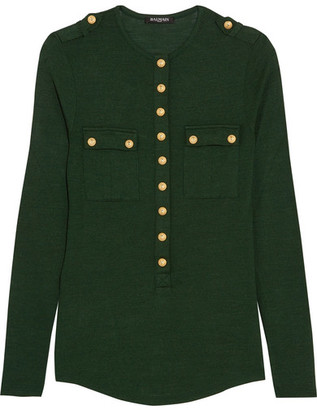 Balmain Button-detailed Wool And Silk-blend Jersey Top - Green