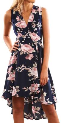 ASTV Women Summer Sleeveless Off Shoulder Floral Printed Beach Mini Dress Party Dress (,L)