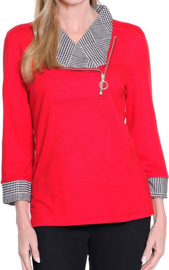 Multiples Plaid Cuffed 3/4 Sleeve Knit Top In Red