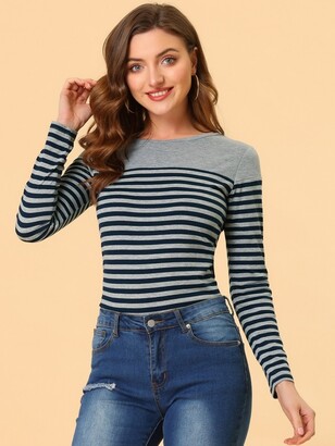 Allegra K Women' Color Block Long Sleeve Striped T-Shirt Gray Blue