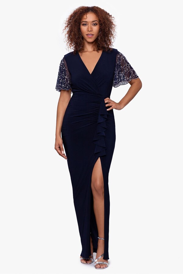 Betsy & Adam Beaded Sleeve Long VNeck Gown ShopStyle Petite Dresses