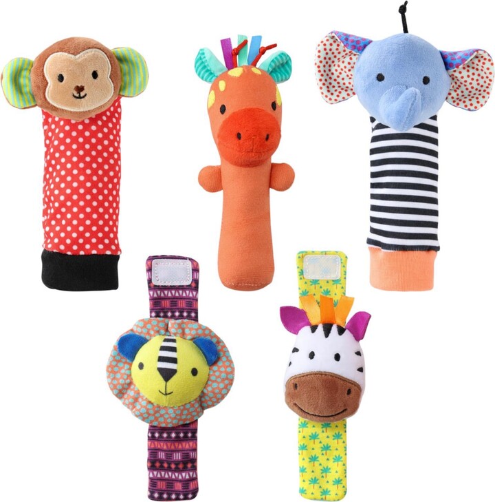 The Peanut Shell The Safari Baby Rattle Socks and Wrist Rattle Set, 5 Piece