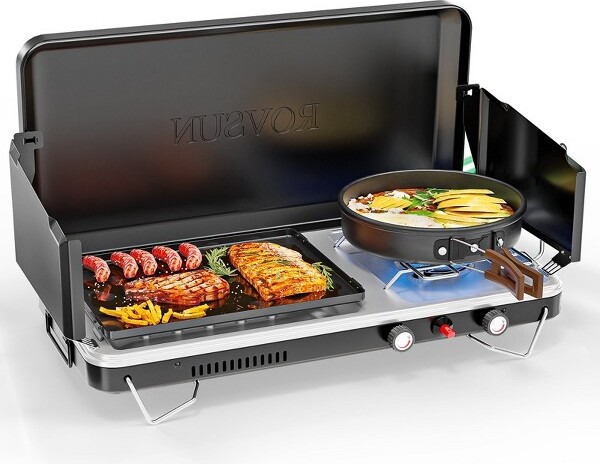 ROVSUN2-in-1PortableCampingStove&PropaneGrillCombowithIgniterTabletopCampStovewithHandle&WindpanelforCampingTailgatingGrilling