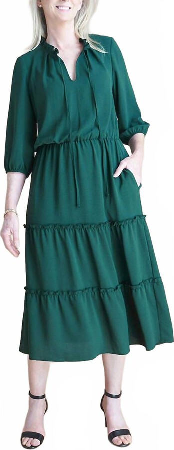 Connected Apparel Split Tie Neck 3/4 Sleeves Tiered Crepe Dress In Hunter