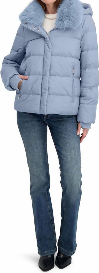 Tahari Short Quilted Puffer Jacket With Faux Fur Collar & Detachable Hood In Powder Blue