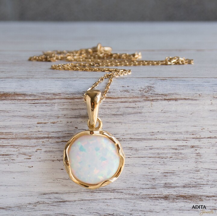 Etsy White Opal Necklace, 14K Gold Plated Silver Pendant & 12mm Gemstone, Dainty Pendant, Statement Jewelry Gift For Women