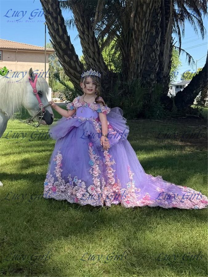 gdybao Luxurious Flower Girl Dress Lavender Tulle Fluffy for Wedding Gown Sleeveless Exquisite Flowers Appliques Banquet Evening Gowns