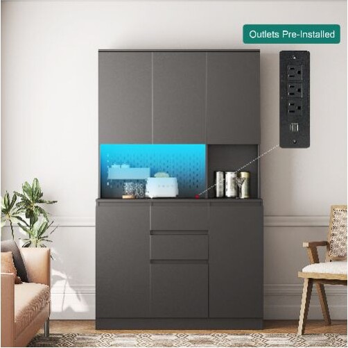 TUYOHWFreestandingBuffetCabinetwithHutch6-DoorPantryCabinetCupboardWardrobe&KitchenStorageCabinetwithChargingStationBlack