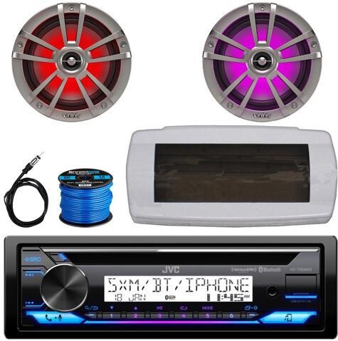 JVC KD-T92MBS Single-DIN Marine Bluetooth USB/AUX CD Player AM/FM Stereo Receiver W/White Cover, 2x 6.5' 225W Max Power Waterproof Coaxial RGB LED...