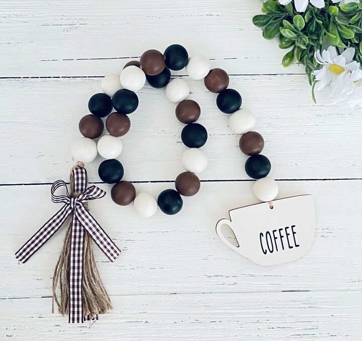 Etsy Farmhouse Coffee Garland, Bar Decor, Tiered Tray Wood Beads Wooden Garland With Tassel