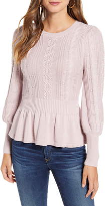 Rachel Parcell Cable Bobble Peplum Cotton Blend Sweater