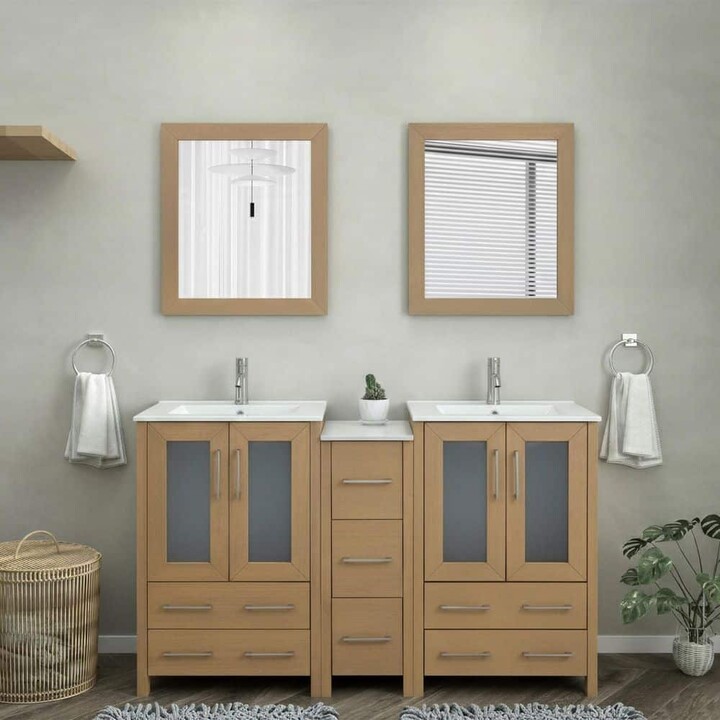 Vanity Art 60 in. W x 18.1 in. D x 35.8 in. H Double Basin Natural Oak Bath Vanity with White Ceramic Top and Mirror