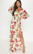 Thumbnail for your product : PrettyLittleThing Red Printed Satin Long Sleeve Kimono Maxi Dress