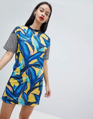 adidas X Farm T-Shirt Dress With Trefoil Logo In Tropical Print