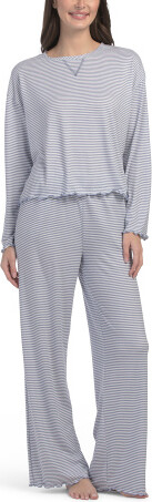 TJMAXX 2Pc Wonderluxe Striped Lounge Set With Lettuce Edge For Women, Spandex/Polyester