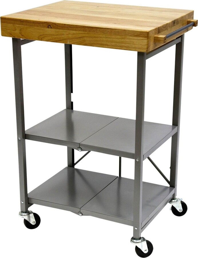 Origami Foldable Wheeled Portable Solid Wood Top Kitchen Island Bar Cart, Silver