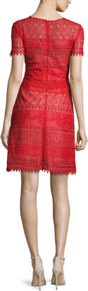 Marchesa Notte Short-Sleeve Macramé Lace A-Line Dress, Red