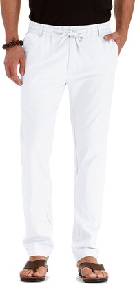 Askfv Mens Casual Linen Pants Loose Fit Straight-Legs Elastic - View #9
