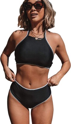 Beachsissi Women Bikini High Waist Contrats Binding Black Halter 2 Piece  Bathing Suit - black - Large - ShopStyle