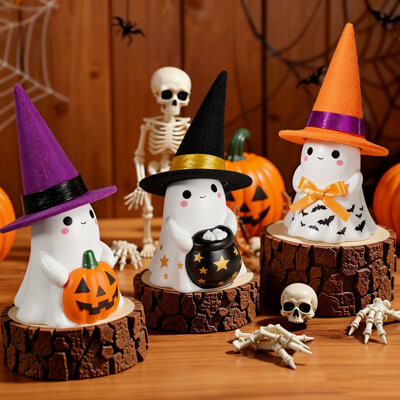 3pcs Cute Spooky Ceramic Ghost Halloween Decorations (figurines With Hats) |Adorable Non-scary Design | Indoor/mantel/party/home/porch/tabletop Use |