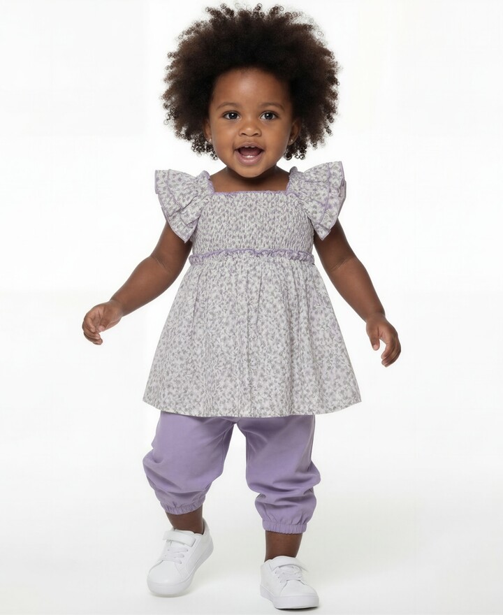 Bonnie Baby Baby Girls' Smocked Square Neck Top and Jogger Pants, 2-Piece Set