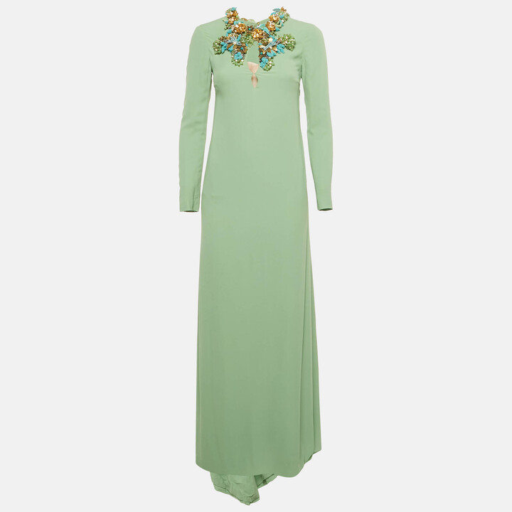 Gucci Mint Green Neck Embellished Silk Long Sleeve Maxi Dress S