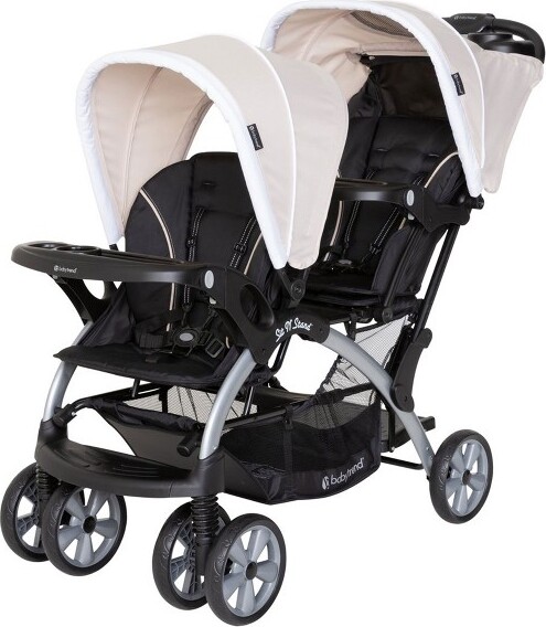 Baby Trend Double Infant and Toddler Stroller w/ Harness and Basket, Sit N' Stand, Khaki