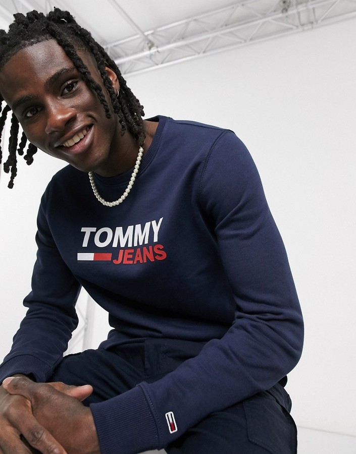 tommy jeans 6.0 limited capsule crew neck sweatshirt with crest logo in navy