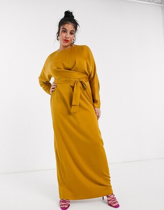 ASOS Curve DESIGN Curve satin maxi dress with batwing sleeve and wrap waist in mustard