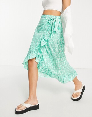 Vero Moda wrap frill midi skirt in green ditsy floral - ShopStyle