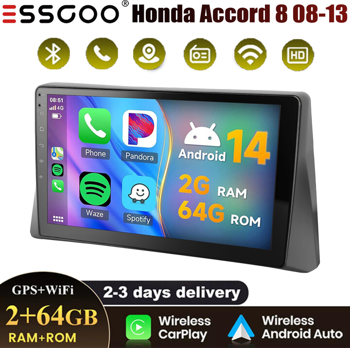 ESSGOO 64G 10" Android 14 For 2008-2013 Honda Accord 8 Apple Carplay Car Stereo GPS Navigation WiFi FM Radio Head Unit SWC Bluetooth