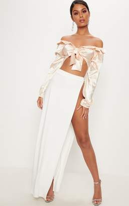 PrettyLittleThing Nude Satin Tie Front Crop Blouse
