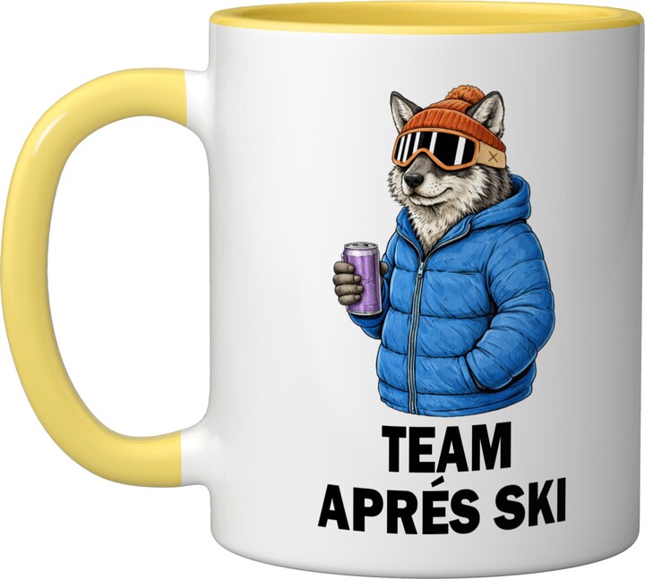 Après Ski Party Animal Motifs Gift Idea Team Après Ski Wolf Animal Party Après Ski Shirt Ceramic Mug, Yellow/White