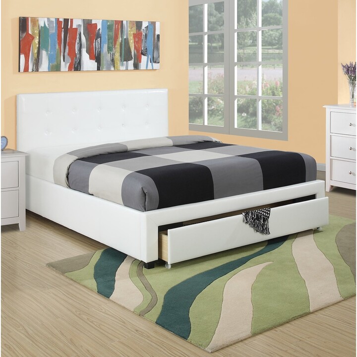 Aoolive Modern white full size bed, faux leather tufted headboard with under bed storage drawer
