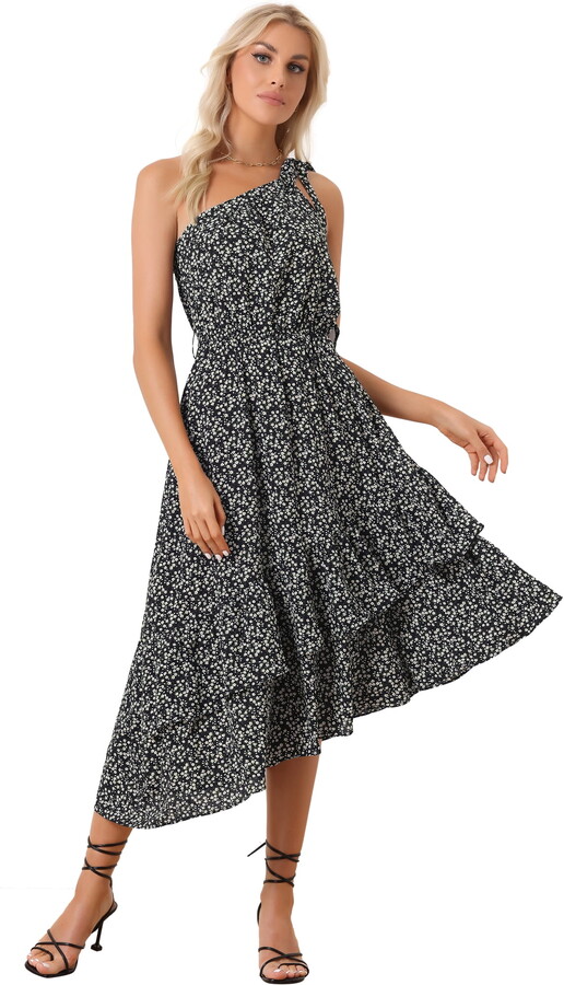 Unique Bargains Women’s Sleeveless Layered One Shoulder Tie Floral Midi Dress XS Black