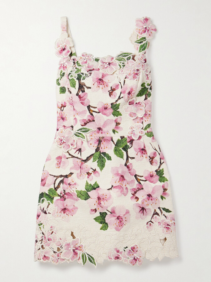 Oscar de la Renta Appliquéd Floral-print Cotton-blend Bouclé Mini Dress - White