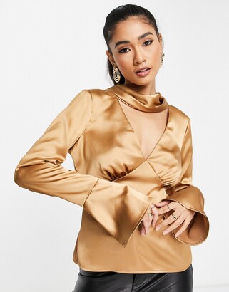 ASOS DESIGN satin long sleeve blouse with neck detail - ShopStyle Tops