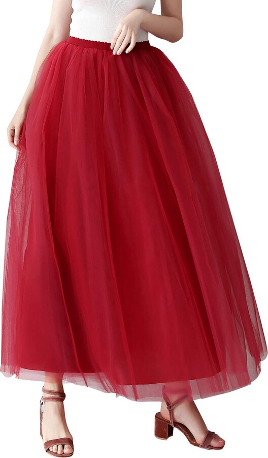 Women's High Waist Pleated Princess A Line Midi/Knee Length Tutu Tulle Skirt for Prom Party 