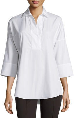 Akris Punto Kimono-Sleeve Split-Neck Blouse, White