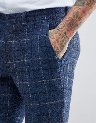 ASOS Design Slim Suit Pants in 100% Wool Harris Tweed Herringbone In Blue Check